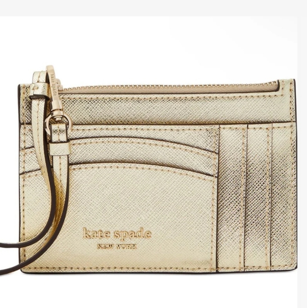 Kate Spade Spencer Card Case Lanyard Wristlet in Metallic Gold Saffiano Leather